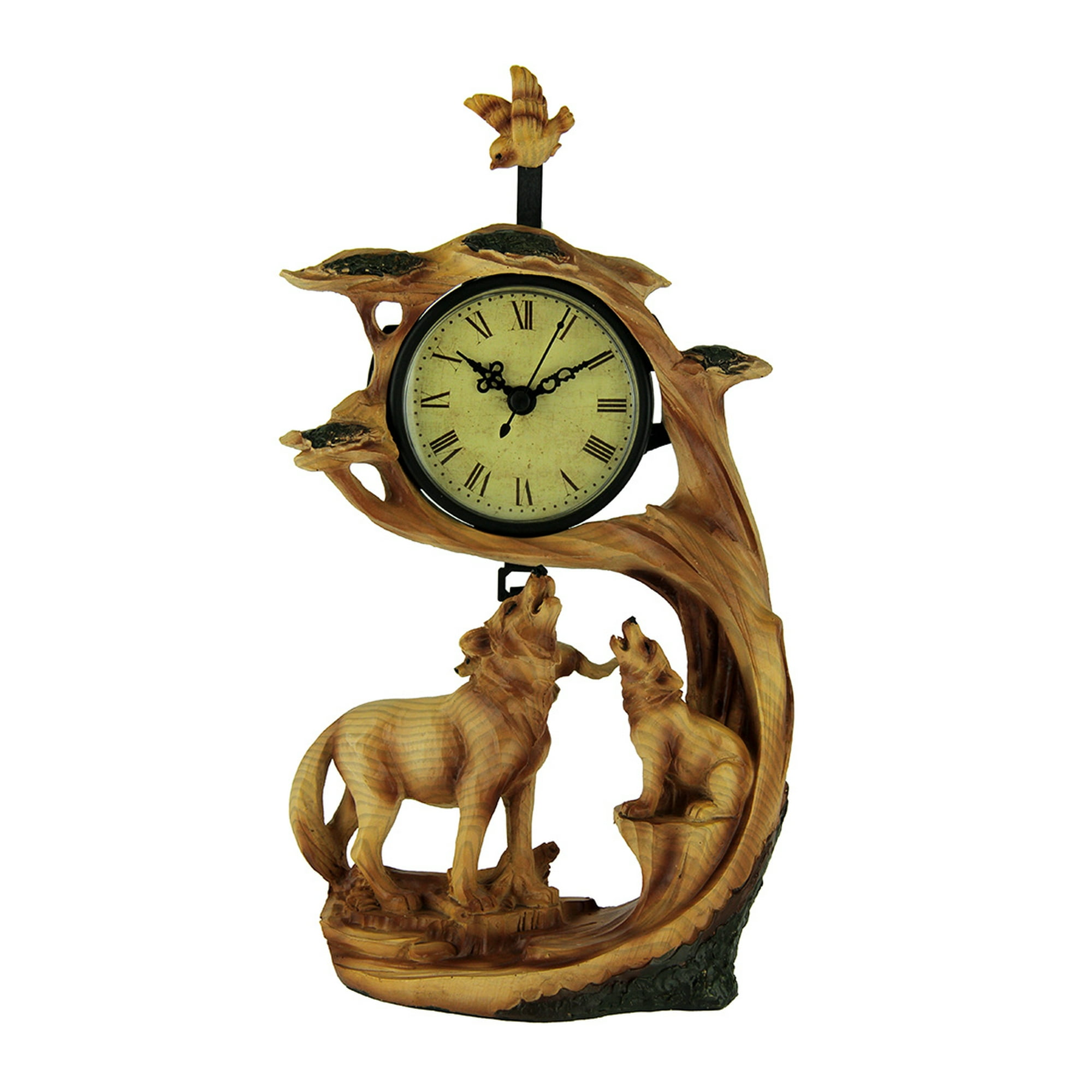 Everspring Wolf Family Safari Carved Wood Look Clock Figurine